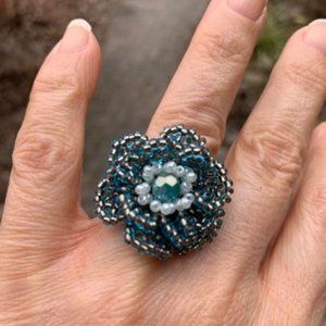 🌷3 for$25🌷Handmade, Glass Bead Blue & Gold Flower Ring, Fits up to Ring 8